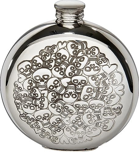 6oz Bolsillo Petaca Redonda con Diseño de Calavera y Corazón en la Parte Delantera y Trasera Acabado Pulido Brillante Parte Superior del Tornillo