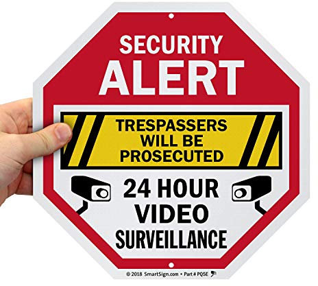 SmartSign Sicherheits-Warnschild – Trespassers Will Be Prosecuted, Videoüberwachung 24 Stunden Schild | 10 x 10 achteckiges Metall, reflektierendes Aluminium, Outdoor/Wand/Zaun