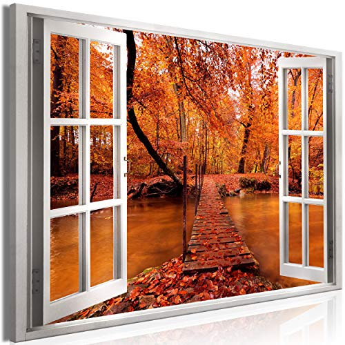 decomonkey Bilder Fensterblick Wald 120x80 cm 1 Teilig Leinwandbilder Bild auf Leinwand Vlies Wandbild Kunstdruck Wanddeko Wand Wohnzimmer Wanddekoration Deko Natur Herbst