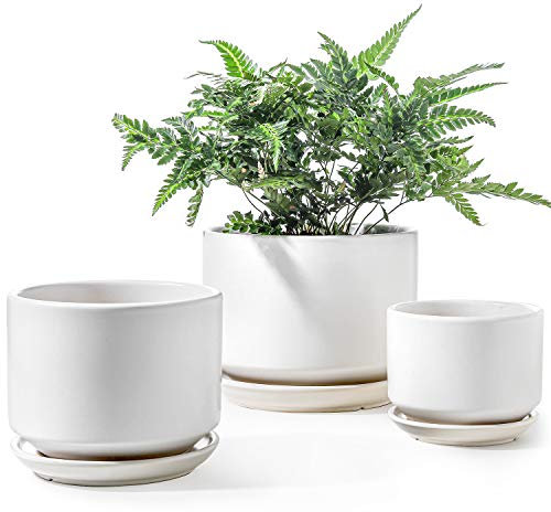 LE TAUCI 3er Pack Keramik Blumentöpfe, 11+13+17 cm Durchmesser Klein Übertöpfe Set, Blumentopf für Zimmerpflanzen mit Untersetzer und Abflussloch, Weiß