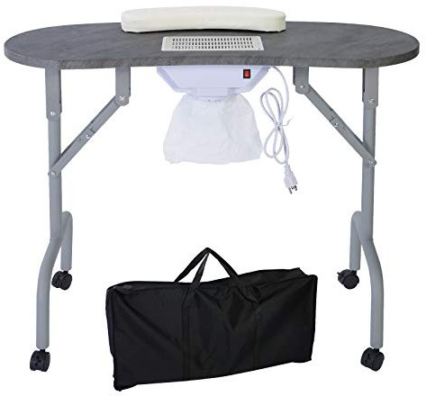 AGESISI Portable Manicure Table Foldable Nail Desk with Dust Collector Professional Nail Tech Table for Technician Spa Salon Workstation, Client Wrist Pad Carry Bag 4 Lockable Wheels, 36-inch, Black