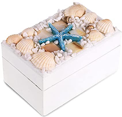 CoTa Global Oceanic Schmuckkästchen aus Holz, handgefertigt, nautisches Schmuckstück mit Muschel und Seestern-Dekorationen, Tischdekoration, Strandmuschel, Schmuckaufbewahrung, Organizer, 11,2 cm