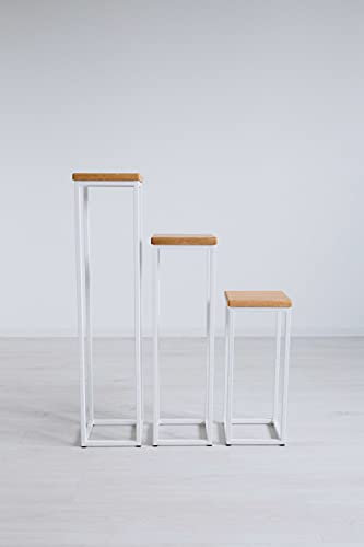 1 BestLoft Blumensäule Dora aus Eiche - Dekosäule im schlanken Design + Stahlgestell (Gestell Weiß, 3er Set (50 + 70 + 90))