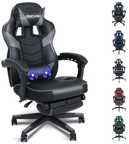 Fullwatt Gaming Stuhl, Bürostuhl Ergonomisch Racing Stuhl Massage Gamingstuhl mit Fußstütze 90-150° Rückenlehne Verstellbar, mit Abnehmbare Kopfstütze Lendenkissen, PU Leder Grau