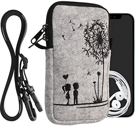 kwmobile Handytasche für Smartphones L - 6,5 - Filz Handy Hülle Schwarz Hellgrau - Handy Tasche mit Kette 16,5 x 8,9 cm Innenmaße - Pusteblume Love