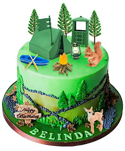Morofme 13pcs Camping Cake Topper Fireside Camp DecoSet Tent Bonfire Canoe Tree Squirrel Deer Figures Camping Cake Decoration for Happy Camper Forest Summer Camping Picnic Hiking Adventure Theme Party
