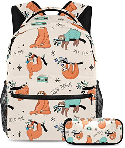 Faultier Hören Radio Schulranzen Set für Teenager Mädchen Jungen Kinder, Schüler Büchertasche Rucksack mit Federmäppchen für Primary Secondary Junior