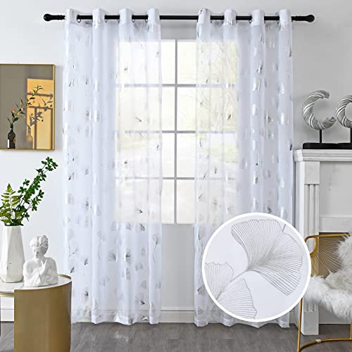 youleyar Durchsichtige Voile-Vorhänge mit silberfarbenem Foliendruck, Blätter, Ösen, Fenstervorhänge 213 cm lang, luxuriöse Metallic-Bronzing-Behandlung, Paneele für Zuhause, Fensterdekoration, 2