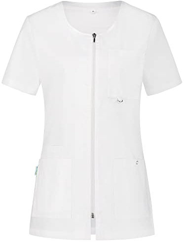B-well Stella Kasacks Damen Pflege Kleidung Damen Schlupfjacke mit Reißverschluss Kasaks Altenpflege Damen, Kurzarm, 4 Taschen (Weiß, XL)