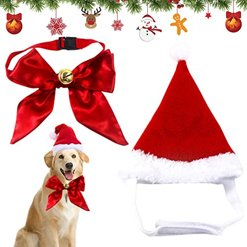 Hund Weihnachtsmütze, Weihnachtsmützen für Katzen, Haustier Weihnachten Kostüm Zubehör, Haustier Stirnband mit Haustier Krawatten und Glocken, Einstellbare Größe Haustier Hut für Katzen Hunde