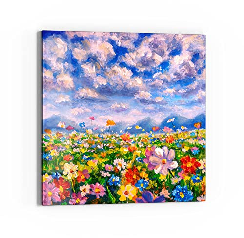 DEQORI Glasbild Echtglas | Motiv Blumenwiese und Berge | quadratisch einteilig 50x50 cm | schöne Dekoration | Wandbild für Wohnzimmer, Schlafzimmer, Flur & Küche | moderne Wanddeko