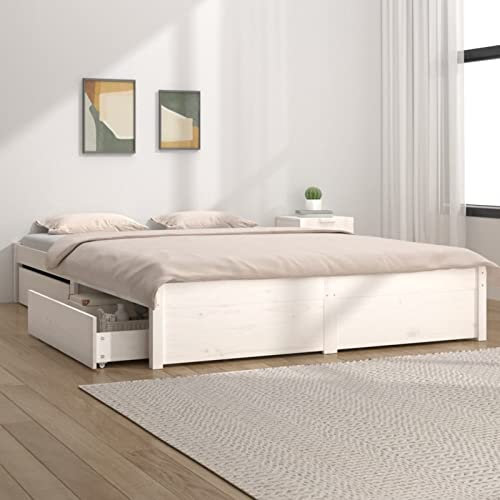 Homgoday Bett mit Schubladen Stauraumbett Bettgestell Holzbett Bett Erwachsenenbett Einzelbett Doppelbett Bettrahmen Schubladenbett Schlafzimmer Weiß 120x200 cm
