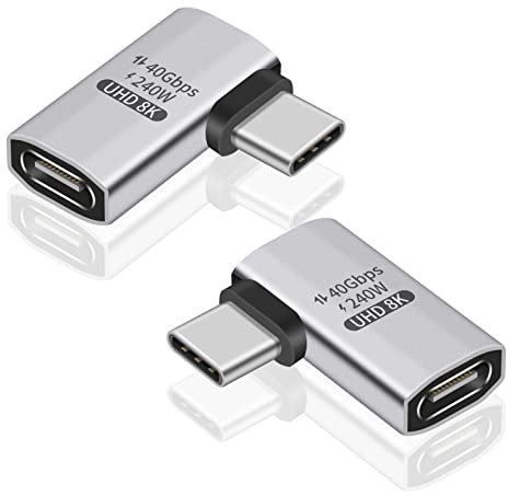 Duttek Right Angle USB C Adapter (2 Stück) USB C Buchse auf Stecker Adapter – 40Gbps Datenübertragung, 240W Aufladung, 8K Video kompatibel für Thunderbolt 4/3, MacBook, Laptop und weitere Typ C Geräte