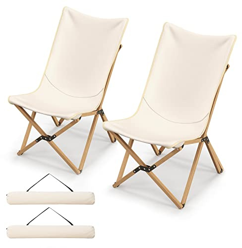 GIANTEX Liegestuhl aus Holz mit Aufbewahrungstasche, Campingstuhl, Faltstuhl mit Tragetasche, tragbarer Klappstuhl, für Innen- und Außenbereich, für Picknick, Terrasse (Beige)