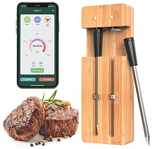 Smart Wireless Meat Thermometers, 50m/165ft Long Range Bluetooth Meat Thermometer with Temperature Alarm, Wireless Food Thermometer for All Meat, Oven, BBQ, Water (2PCS)