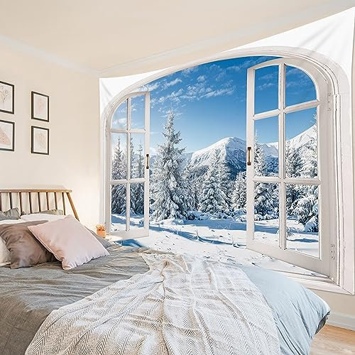 MEUNEAR Winter-Tapisserie Schnee Kiefer Wald und Berg Natur Landschaft außen Fenster Tapisserie Wandbehang Weihnachten Wandteppich für Schlafzimmer Wohnzimmer Wohnheim Party Wanddekoration, 178 x 233