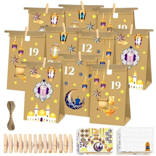 30 Stück Ramadan Kalender zum Befüllen, Eid Mubarak DIY Adventskalender zum Befüllen, Geschenktüten mit Aufkleber + 36 Holzklammern + 10m Hanfseil, Braune Blanko Kraftpapiertüten zum Dekorieren (A)