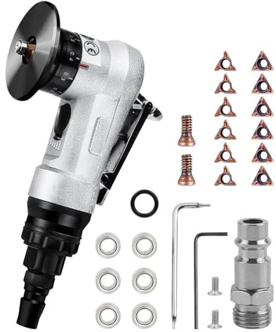 Mini máquina de biselado neumática, aluminio Aloy de mano, máquina biseladora de aire de arco de 45 grados con cuchillas de repuesto para desbarbado de biselado de metal (6 insertos R + 6 insertos C +