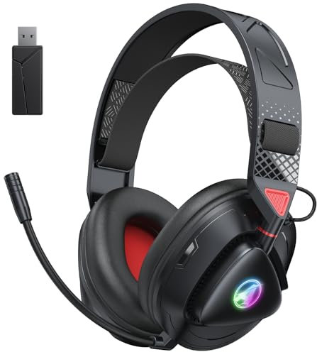 Awinnasey Cuffie Gaming Wireless con microfono, Cuffie da gioco Bluetooth sopra l'orecchio con luci RGB, Cuffie da gioco da 2,4 GHz, Cuffie da gioco wireless per PS5, PS4, Switch, PC, Mac, Nero Rosso