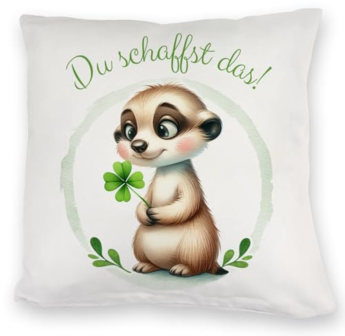 speecheese Erdmännchen mit Kleeblatt Kuschelkissen Du schaffst das Glücksbringer niedlich süßes pflanzenliebendes Tier mit Kleeblatt in der Hand grün 40x40 cm Polyester