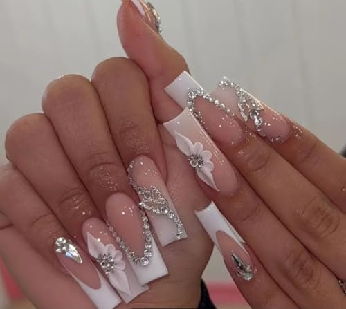 Y2K Style Press On Nails, 24 Pieces, Pink Square White Tip False Nails Embossed Flower And Butterfly Rhinestone Design, Long Square, Glossy Full Cover, for All Occasions