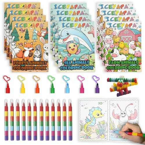 ICEPAPA, 12 Mini Malbücher für Kinder und 12 Wachsmalstifte Stapelbar (7 Farben in 1), Perfekt für Mitgebsel Kindergeburtstag, Abschiedsgeschenk Kindergarten und kleine Geschenke für Kinder