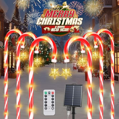 Qoosea 6 Pack Guirlandes Solaires de Noël en Forme de Canne à Sucre - Guirlandes Lumineuses de Chemin Avec Étoiles - 8 Modes 78 LEDs Lumières Décoratives Étanches pour Jardin Cour