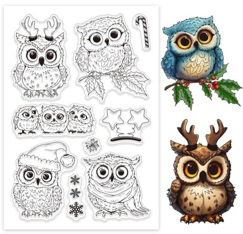 GLOBLELAND Weihnachts Eulen Silikonstempel Cartoon Tiere Transparente Stempel Süßigkeiten Blätter Klare Stamps Für Karten Herstellung DIY Scrapbooking Basteln