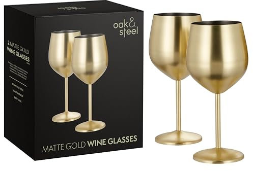 Oak & Steel - 2 Gold Matte Wine Glasses, 550 ml - Stainless Steel - Unbreakable Glass Gift Set for Home Bar, Wedding, Anniversary, Birthday Party, Outdoor and Camping Glasses