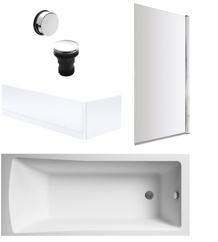 Balterley 1700 x 700mm Square Shower Bath with Leg Set, Chrome Rectangular Shower Screen, Chrome Waste & Front & End Bath Panels, Straight Single Ended Gloss White Soaking Bathtubs