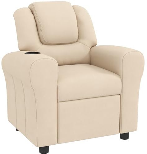 HOMCOM Kids Recliner, PU Leather Kids Armchair, Child Chair, Toddler Armchair with Adjustable Backrest, Footrest, Padded Headrest, Cup Holder, Beige