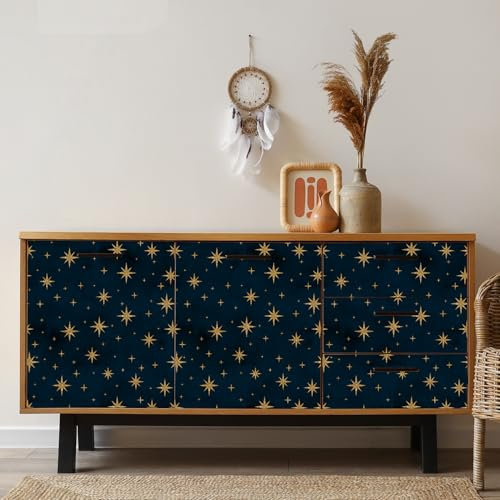 Alwayspon Self-Adhesive Vinyl Wrap Film Wallpaper, Golden Shining Stars Peel and Stick Contact Paper, Removable Waterproof Furniture Sticker Decals for Drawer Cabinets Wardrobes Decor