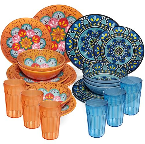 Service de table en mélamine Toscane pastel pour 6 personnes – 24 pièces – Aspect mandala avec verres assortis 630 ml en acrylique – Vaisselle de camping caravane et camping