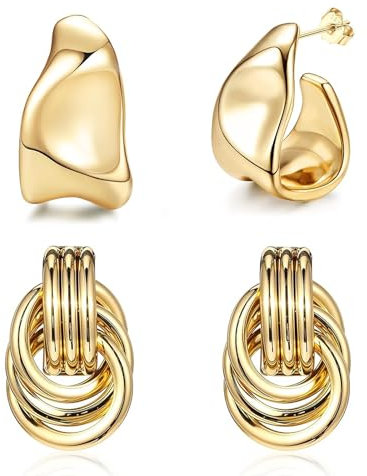 4PCS Gold Statement Earrings, C Shape Chunky gold chunky earrings for women, Geometric Dangle Chunky Gold Earrings for Women Girl Jewelry Gift