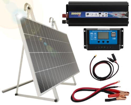 Pannello Solare Esolution 200W Monocristallino, Per Impianto Fotovoltaico, Kit di montaggio da Balcone o da Terra, con controller 12-24V e inverter 2000W (KIT BALCONE + CONTROLLER E INVERTER)