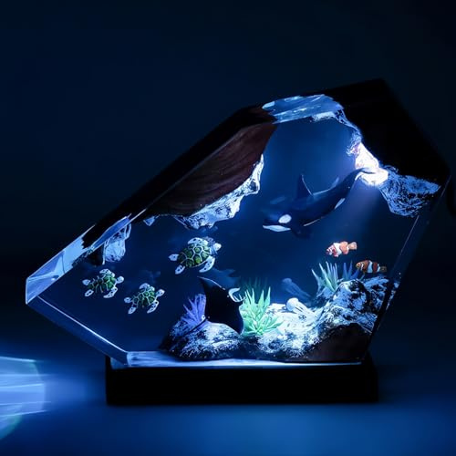 Drawelry Lámpara de Noche Oceánica en Resina Epoxi, Escultura 3D de Animales Marinos Orca Tortuga Ballena con Base de Madera, Luz LED Ambiental para Decoración del Hogar, Regalo Creativo Único (A6)