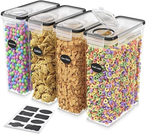 Shunshi 4-Pack Airtight Cereal Storage Containers, 4L BPA Free Food Organisers with Flip Lids & Labels - Kitchen Pantry Organisation for Cornflakes, Flour, Rice, Pasta & Pet Food