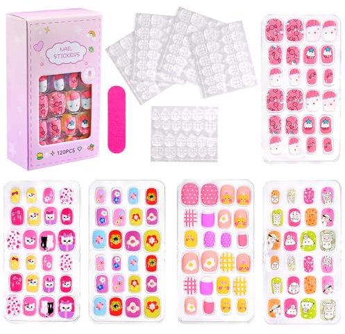 Kids Stick on Nails - 120PCS Kawaii Kids Nails False - Fake nails for kids - Cartoon Press on with Stickers - 12-Size Short Square Nail Tips with Sheep,Kitty,Flowers,Food Design