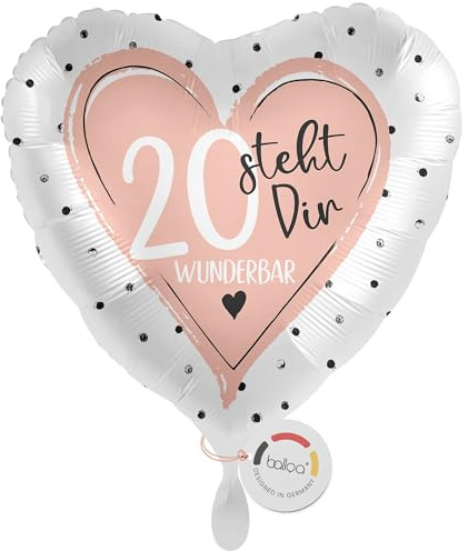 balloa Herzballon zum 20. Geburtstag in Rosa, XXL Folienballon, 53 cm | Zahl 20 mit Schriftzug steht dir wunderbar in Rosa, Herzform, XXL, heliumgeeignet, ungefüllt, elegante Geburtstagsdeko