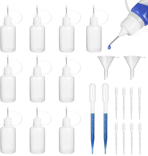MZOYOURO Nadelflasche, 5ml Dosierflasche, Quetschflasche Klein, Leimflasche Leer, Nadelspitze Kleber Flasche Applikator für DIY, 10 Stück(Applikator Flasche mit 2 Trichter & 10 Pipette Nadelspitze)