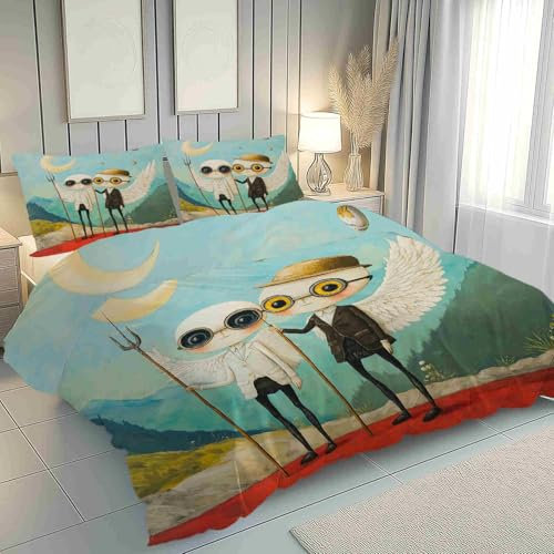 Dppyuxa Surreal Flügelfiguren Kunst Bettwäsche 135x200 Blautürkis Bettwäsche Set 3D Bedruckte Bettbezug Einfache Pflege Kuschelbettwäsche mit Reißverschluss Mikrofaser Bettbezug und 2 Kissenbezug
