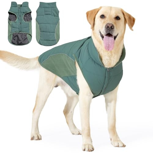 Dog Winter Coat Waterproof Cold Weather Warm Jacket,Reflective Dog Puffer Jacket for Small, Medium & Large Dogs,Indoor & Outdoor Camping Hiking (Green, L)