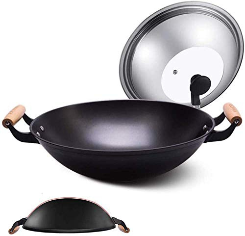 CAFIEDR Altmodische Wokpfanne aus Gusseisen, unbeschichteter Topf aus Gusseisen, antihaftbeschichtet, runder Wok mit spitzem Boden, 46 cm