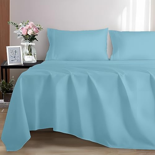 EverSoft Bedding 100% Egyptian cotton Flat Sheet, 400 Thread Count Ultra-Soft Long Staple Top Bed Sheet, Luxury Hotel Quality (Sky-Blue, King)