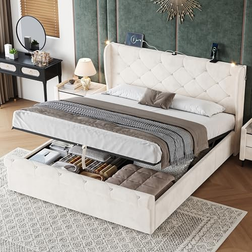 Merax 4ft6 Double Upholstered Storage Bed, Hydraulic Lift Bed 135x190 cm,Diamond Tufted Velvet Headboard, USB & Type-C Charging Ports, Adjustable LED Reading Lights, Beige (No Mattress)