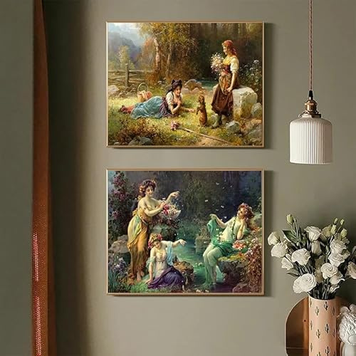GKUVBF Vintage Renaissance Ästhetik Hans Zatzka Leinwandbild Kunstdruck Edle Dame im Garten Poster Wanddekoration (40x60cm/2 Stück rahmenlos)