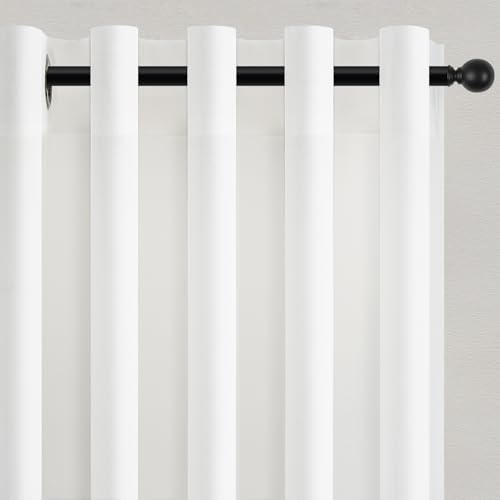 Topfinel Gardinen Kurz Vorhang Stores Gardine mit Ösen Vorhänge, Natural Leinen Baumwolle Weiß Halbtransparent Küche Gardienen Schlafzimmer Boho Style Leinenoptik Ösenvorhang 2er Set 145x140cm (HxB)