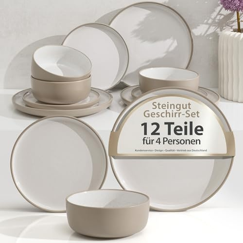 Hausfelder Steingut Geschirrset 4 Personen, 12-teilig, Nordic Sand | Schüsseln und Teller, Tafelservice für 4 Personen, Steingut, Farbe Nordic Sand