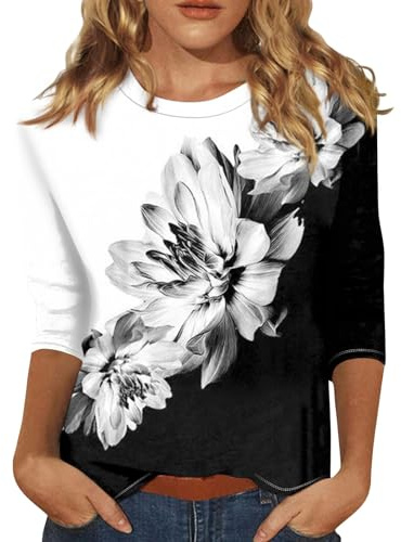 3/4 Sleeve Tops for Women UK Crew Neck Tunic Ladies Shirts Elegant Tshirts Plus Size Blouse