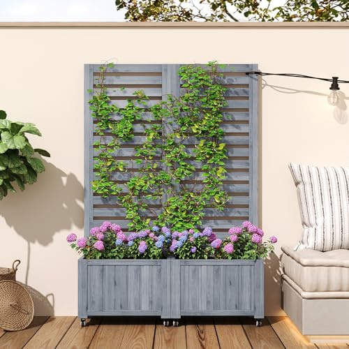VICONELISE Pflanzkübel Groß Außen mit Rankgitter und Rollen, Hochbeet mit Sichtschutz Garten, Selbstbewässerung Blumenkasten mit Gestell für Garten, Balkon und Terrasse(Grau)